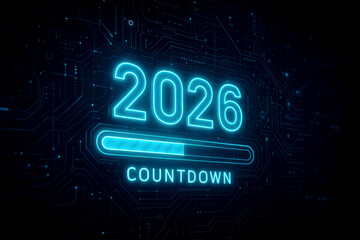 Futuristic neon 2026 countdown with progress bar on dark digital circuit board background abstract blue