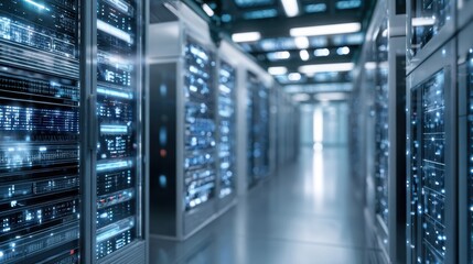 In a modern server room rows of sleek servers display bright lights and intricate connections emphasizing advanced technology in use during nighttime operations.
