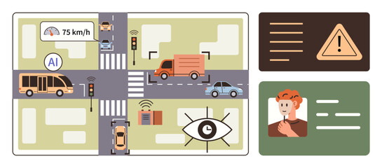 Urban intersection with AI vehicles, traffic lights, caution signs, human driver, and monitoring system. Ideal for smart cities, AI, transportation, automation safety innovation simple flat