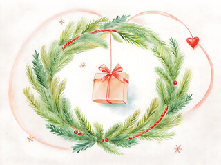 Christmas gift box hanging in a green fir wreath with red beads and a heart