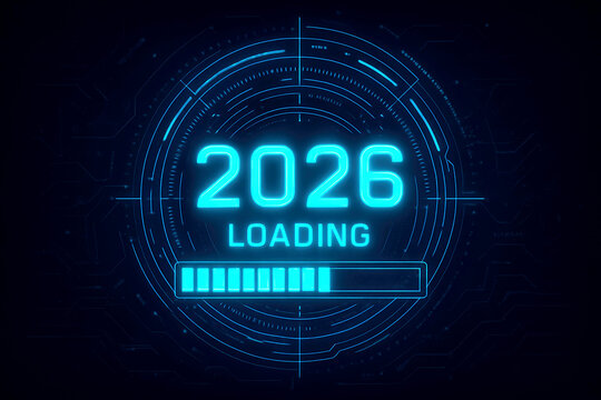 Futuristic Neon Blue 2026 Loading Bar and HUD Elements on Dark Circuit Background progress bar technology
