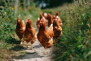 Chickens on a sunny path enjoying a leisurely stroll in the countryside