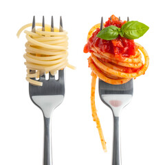 Two forks display pasta, one plain and other with tomato sauce and basil, against black