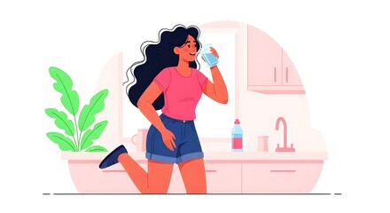young woman drinking water vector illustration 