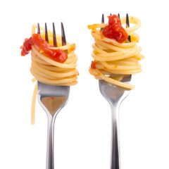 Two forks hold twirled spaghetti noodles topped with red sauce against a black background
