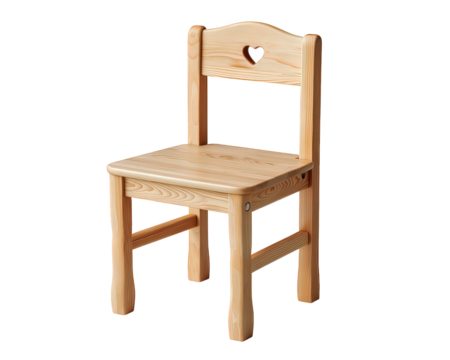Charming small wooden kid chair with heart cutout. An isolated child furniture object with backrest design, evoking sweet feeling of love and simple comfort