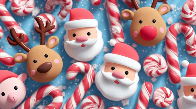 Christmas candy cane pattern with Santa Claus and reindeer faces, 3D cartoon style, seamless looping animation, bright red and white tones, festive and joyful holiday theme, high-resolution render.