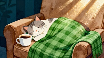 Cat sleeping on a sofa under green blanket with coffee cup nearby  
