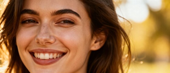 Young woman smiling outdoors in a sunny park with natural light  
