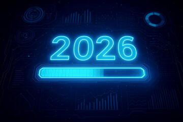Glowing 2026 year with progress bar and digital interface elements on dark blue background future loading