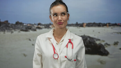 Woman wearing lab coat and stethoscope pointing finger up in studio; serenity wellness healing care.