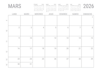 Mars 2026 Calendrier Mensual Planificateur avec Numero de Semaine à imprimer A4	
