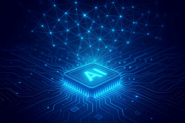 Glowing AI Chip with Digital Network Above on Circuit Board Background artificial intelligence processor