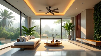 Futuristic Tropical Minimalist Lounge with Natural Breeze, Smart Lighting, and Bamboo Aesthetic Harmony