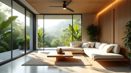 Futuristic Tropical Minimalist Lounge with Natural Breeze, Smart Lighting, and Bamboo Aesthetic Harmony