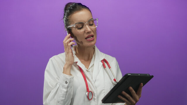 Woman doctor with stethoscope wears white coat holds phone to ear and tablet in purple studio; professional focus. - Powered by Adobe