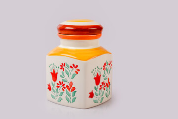 Traditional porcelain ceramic jar on white background