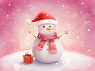 Charming watercolor snowman with a red santa hat and scarf, holding a small gift, with pink snowy background