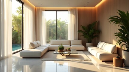 Tropical Minimalist Smart Living Room with Natural Sunlight, Green Energy Design, and Modern Futuristic Elements
