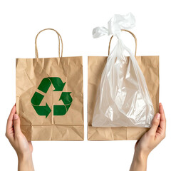 Hands hold two paper shopping bags one with recycle symbol, the other with plastic bag inside
