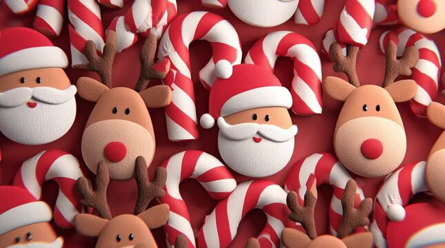 Christmas candy cane pattern with Santa Claus and reindeer faces, in 3D cartoon style, cute and festive, seamless repeating background, joyful holiday theme, high resolution.