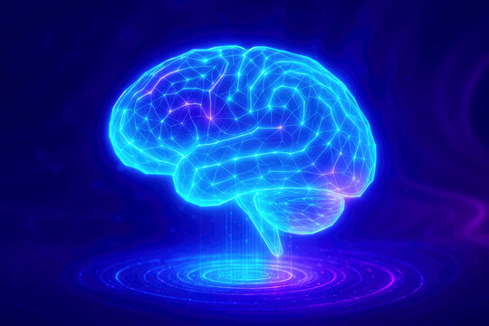 Glowing Blue Wireframe Brain with Digital Network and Rippling Energy Effect human mind