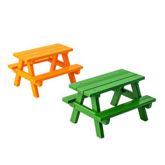 Two vibrant picnic tables, one orange, one green, rendered against a black background