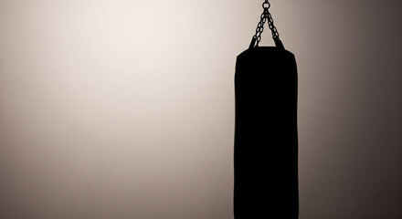 Silhouette of a hanging punching bag against a softly lit backdrop, evoking a sense of training and physical exertion