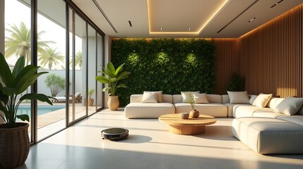 Eco-Friendly Tropical Minimalist Interior with Futuristic Smart Home Lighting and Gentle Motion Effects