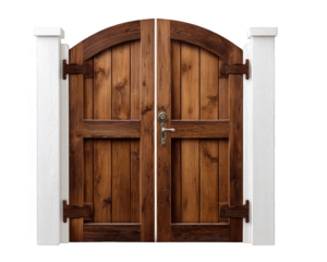 Secure brown wooden double gate with an arched door design. classic entrance isolated on transparency background for privacy and security, featuring strong metal hinges