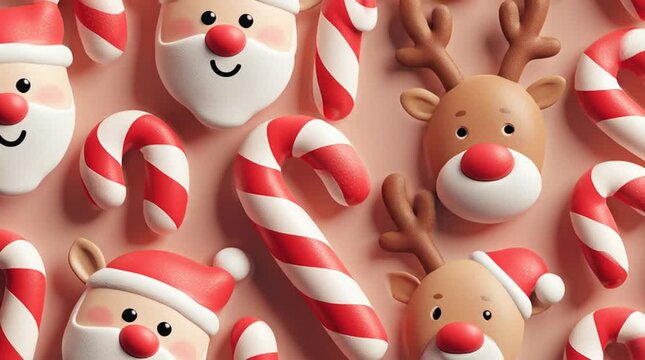 3D cartoon-style video of Christmas candy cane pattern featuring Santa Claus and reindeer faces, festive holiday loop animation, bright cheerful colors, seamless decorative render