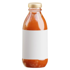Clear Glass Bottle Filled With Orange Liquid and Blank White Label With Gold Cap Isolated on Transparent Background