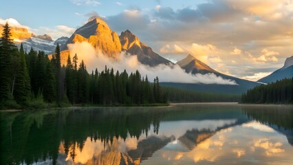 Mountain peaks, pine forests, and drifting clouds all mirrored on glassy lake surface, golden morning sunlight touching each layer.