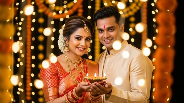 A beautiful Indian couple holding up an oil lamp, celebrating the festival of Durga puja in their traditional attire. The man is holding the clay pot also known as Dhunachi is a Bengali incense burner