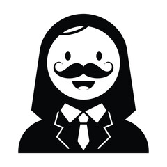A black and white graphic of a man with a mustache wearing a suit and a head covering silhouette