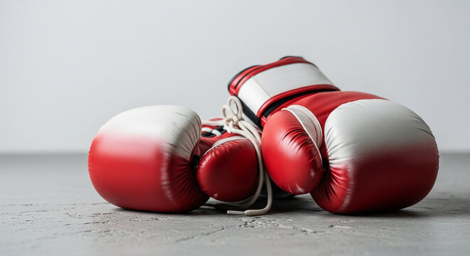 Close-up of red leather boxing equipment resting on the ground, representing the intensity of combat sports and athletic readiness