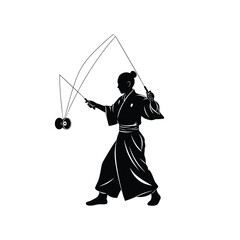 Silhouette of a person in traditional japanese clothing playing with a diabolo on a white background