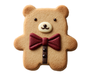 Happy cute bear biscuit with red bowtie, sweet snack food. This isolated cookie dessert makes delicious and adorable treat for children at party