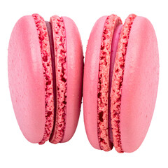 Two pink, round, filled pastries, viewed close up, on a black background. Sweet treats