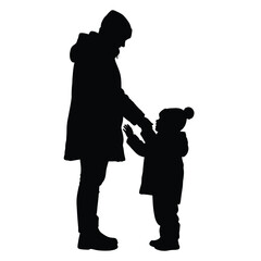 Silhouette of a woman in a coat reaching for a child in a winter hat on a white background