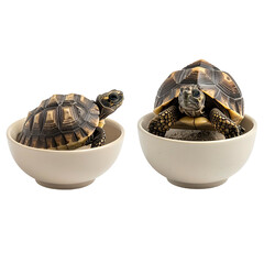 Two small tortoises sit in beige bowls, isolated on black background, looking toward the viewer