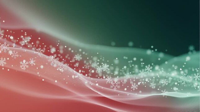 Abstract background with big high-pitched note and snowflakes, smooth transition from green to red, Christmas theme, minimal and soothing style, 8K resolution, neon lights, luminous sky, curved lines.
