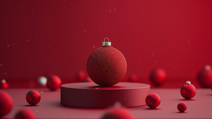 3D rendering of red Christmas bauble on red podium