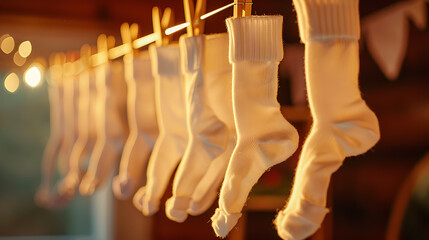 Pair of socks hanging on clothesline in store, closeup