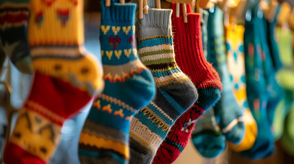Colorful Christmas socks hanging on the wall in a souvenir shop