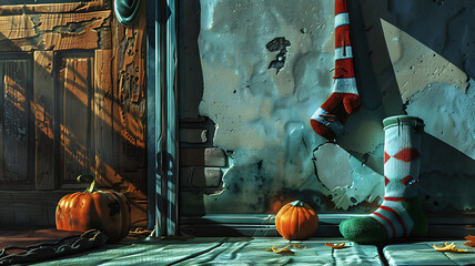Halloween still life with pumpkins and striped socks on wooden background
