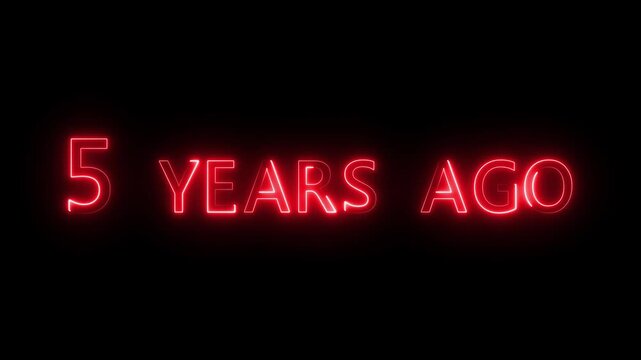 Neon 5 years ago text icon animation. Neon effects text animation on black background.