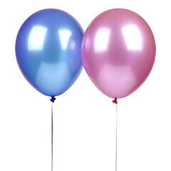 Two shiny balloons, one blue, one pink, on thin dark stems, against black background
