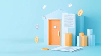 Fototapeta premium 3D model house with documents, money, and graphs, for financial planning