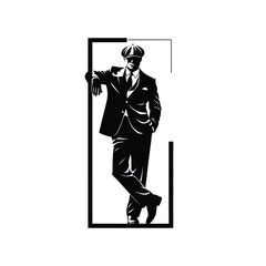 Silhouette of a man in a suit and cap leaning against a frame in black and white design